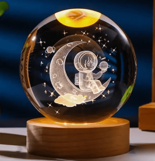 Lampe Lune Cristal 3D – Base en Bois - Socco